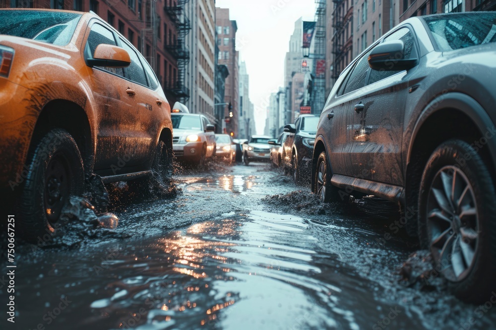 city street full of cars are flooding due to the recent storm. generative ai - obrazy, fototapety, plakaty 