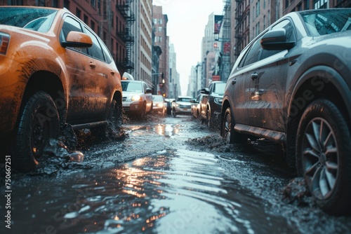 city street full of cars are flooding due to the recent storm. generative ai photo