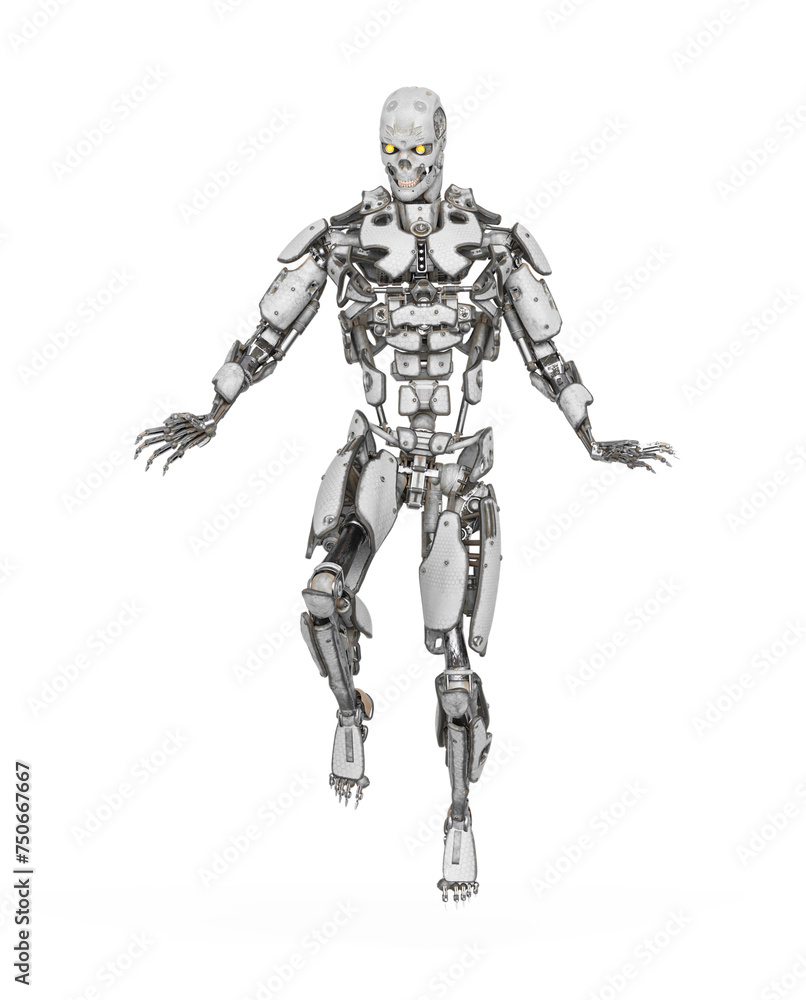 mega cyborg is floating and looking for action in white background