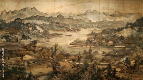 Chinese Meticulous Painting, A Tranquil Depiction of Rural Landscape with Exquisite Detailing