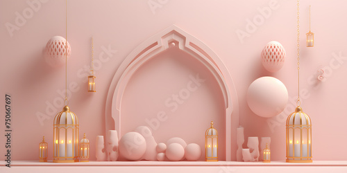 Eid mubarak ramadan background with mosque light orange and bronze