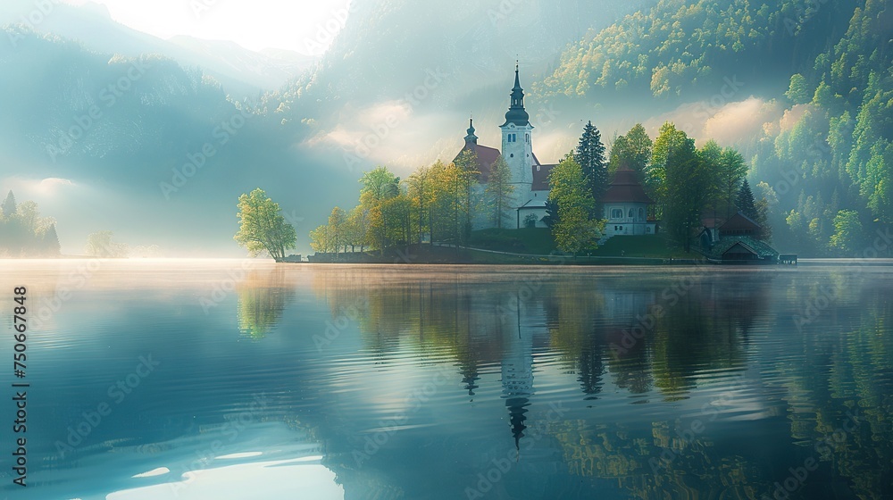 Fototapeta premium Lake Bled in the morning with Church and mountain, Beautiful foggy morning landscape.