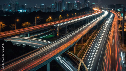 Cityscape with streaks of car lights on a busy highway, capturing the rhythm of urban life. 