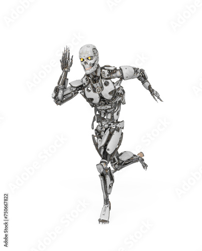 mega cyborg is running fast in action like a super hero in white background