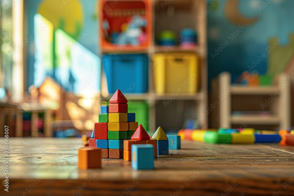 Colorful wooden blocks arranged on a wooden table in a children's playroom with natural light Colorful wooden blocks arranged on a wooden table in a children's playroom with natural light