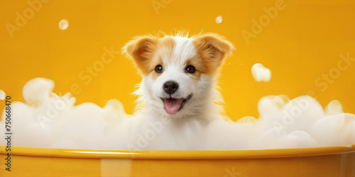 Happy wet dog taking a bath. Cute puppy in a bathtub with soap foam and bubbles. Pets cleaning or washing concept photo