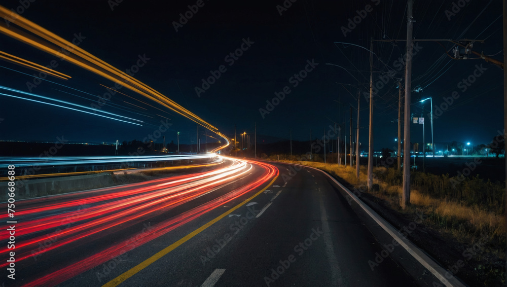 High-speed traffic on a night road, long exposure shot with streaks of light. 