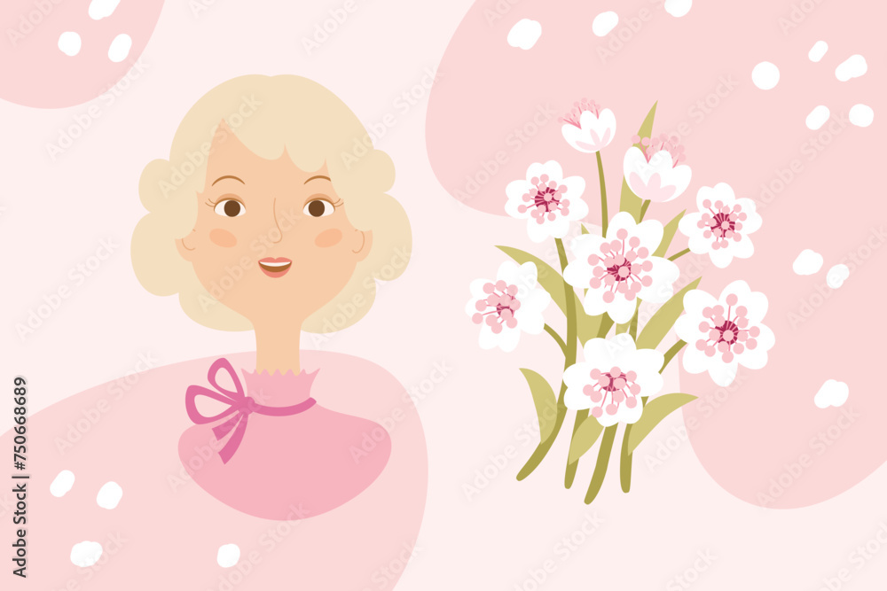 Cute greeting card or poster design for Spring holiday. International women's day or Mother's day card design. Pretty woman and bouquet of flowers. Vector illustration. Cute greeting card or poster design for Spring holiday. International women's day or Mother's day card design. Pretty woman and bouquet of flowers. Vector illustration.