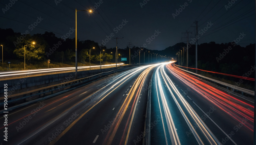 High-speed traffic on a night road, long exposure shot with streaks of light.