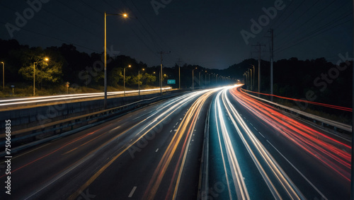 High-speed traffic on a night road, long exposure shot with streaks of light.