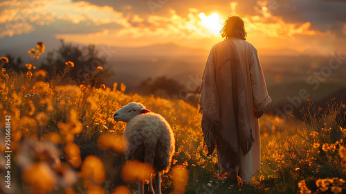 photo of Jesus and a sheep with sunlight in the background
