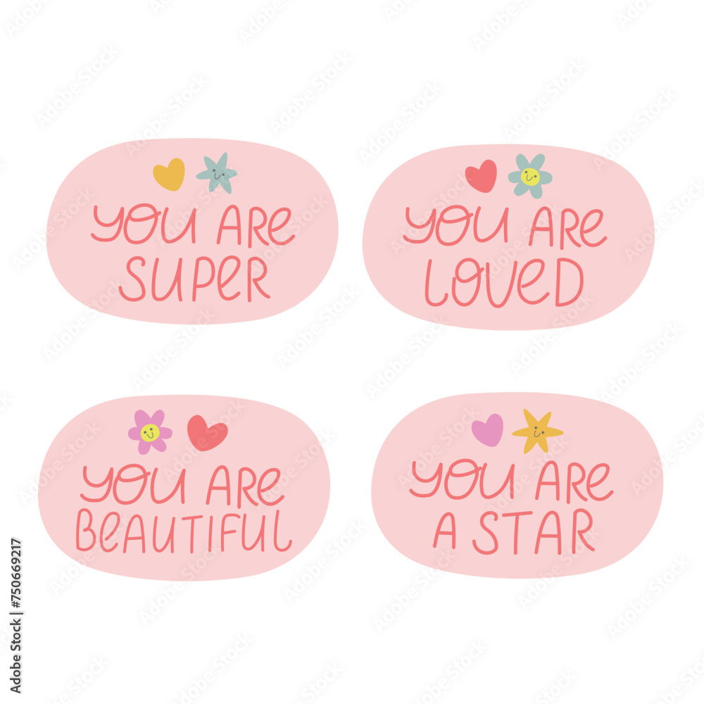 Set of pink speech bubbles stickers with compliments. Vector illustration Set of pink speech bubbles stickers with compliments. Vector illustration