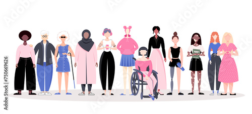 Group of women of different ethnicity, abilities, age, body type, hair color. Vector illustration of diverse women in casual clothing. Hand drawn character set in flat style.