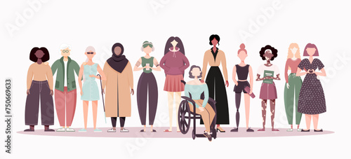 Group of women in different ethnicity, orientation, abilities, age, body type, hair color. Vector illustration of diverse women in casual pastel color clothing. Hand drawn characters in flat style.