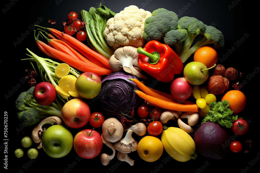 A vibrant assortment of nutritious foods, including a colorful array of vegetables, fruits, and peas, provides a rainbow of essential nutrients for optimal health and well-being.