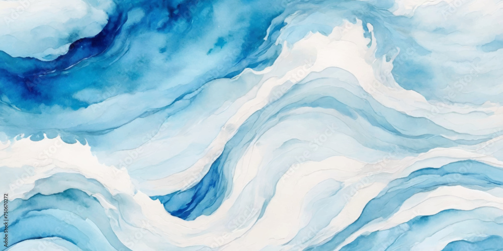 Obraz premium Watercolor surface ocean water wave, seamless blue water ocean wave background. Blue water ocean surfing wave.