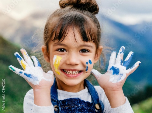 Smiling happy girl with paint on her hands