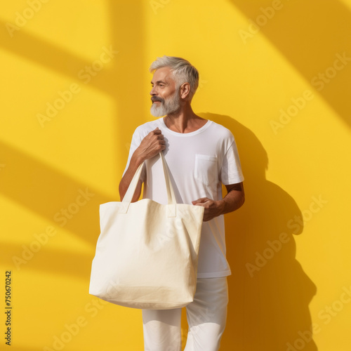 A stylish old man with a silver beard and hair, wearing a white T-shirt and shorts, holding a canvas white tote bag mockup 
