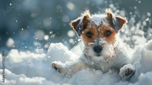 A playful Jack Russell Terrier dog with snowflakes on its face happily playing in a winter wonderland.