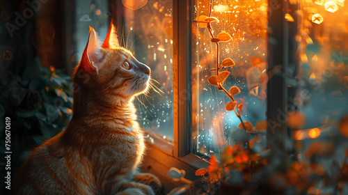 A contemplative orange cat sits by a window, watching the raindrops fall on a cozy, golden evening. © NaphakStudio