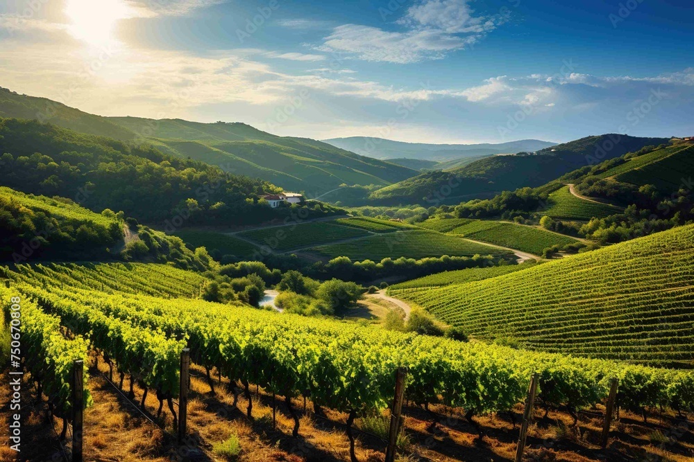 Scenic view of rolling vineyards bathed in sunlight, with a clear blue sky above