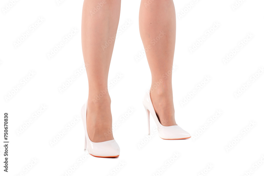 Perfect legs of female in white high heels shoes isolated on white background Perfect legs of female in white high heels shoes isolated on white background