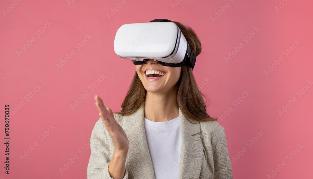 Smiling woman wearing virtual reality goggles, vr glasses Smiling woman wearing virtual reality goggles, vr glasses