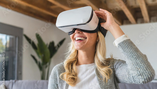 Smiling woman wearing virtual reality goggles, vr glasses