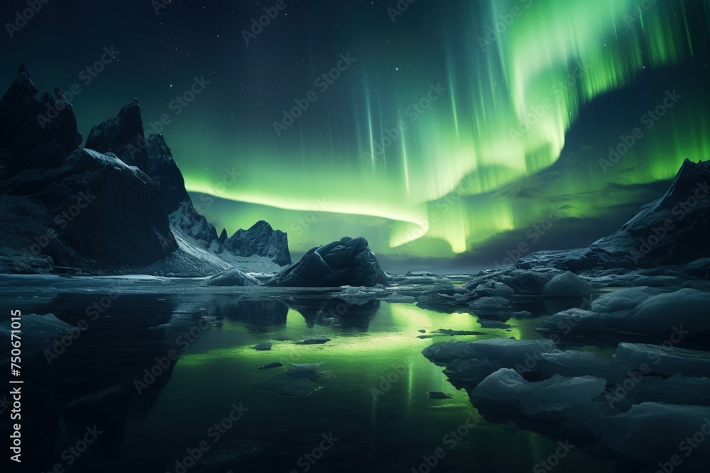 Northern Lights forming a natural corona above a desolate glacier