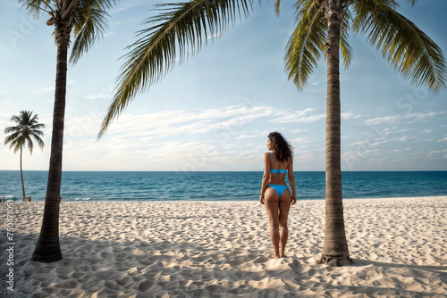 Young sexy woman at tropical beach. A woman in a bikini stands on the beach facing the ocean..