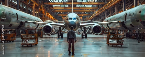A worker in an aircraft manufacturing facility dressed in a uniform diligently follows strict safety protocols. Concept Aircraft Manufacturing, Safety Protocols, Worker Uniform, Diligence
