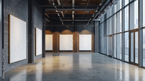 A spacious art gallery interior featuring blank white canvases on a clean  well-lit wall  ready for exhibition  with polished concrete floors and large windows.