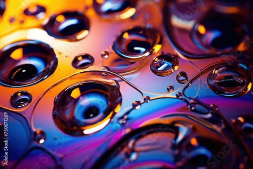 Oil droplets floating on water, showcasing iridescent colors