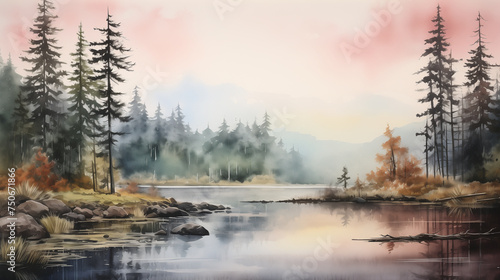 In the early light of a misty autumn sunrise, gentle tones illuminate a placid mountain lake, embraced by the quietude of a pine forest, painting a scene of tranquility.