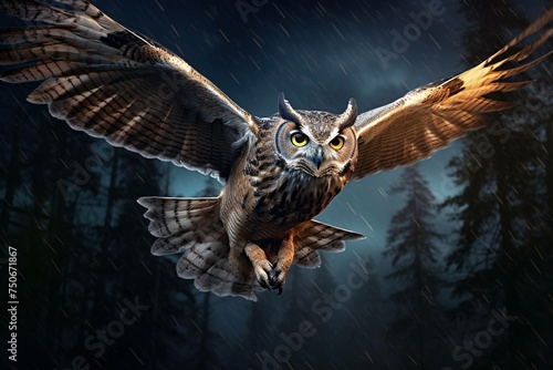 Owl in mid-flight hunting under a full moon