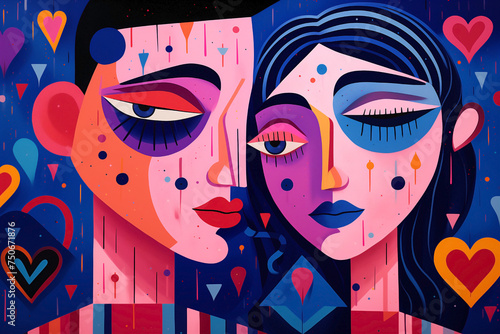Peculiar couple with hearts in expressionist, abstract and contemporary style. Caricature faces and playful juxtapositions mixing of masculine and feminine elements. Love and relationships.