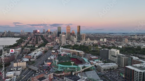 Aerial video over Business Downtown, Residential Building, Fenway Park Stadium, Nature Park