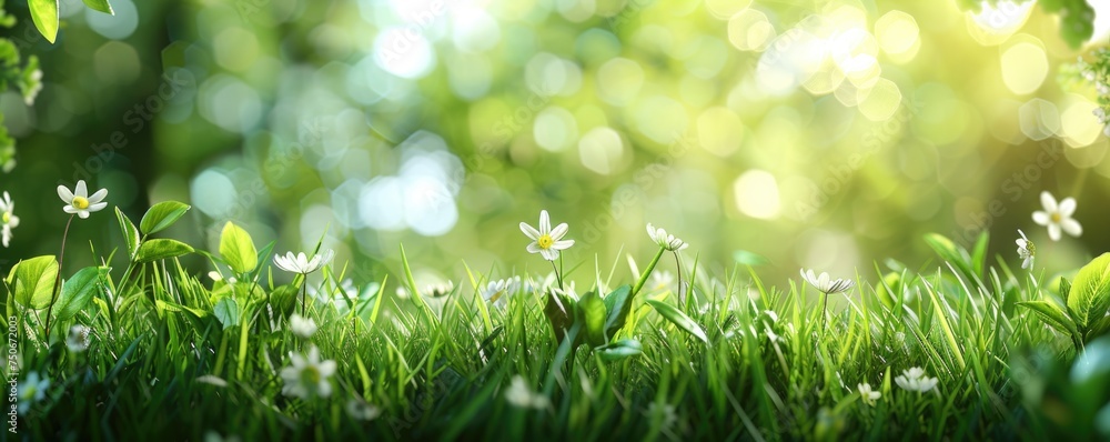 A fresh spring sunny garden background of green grass and blurred foliage bokeh  