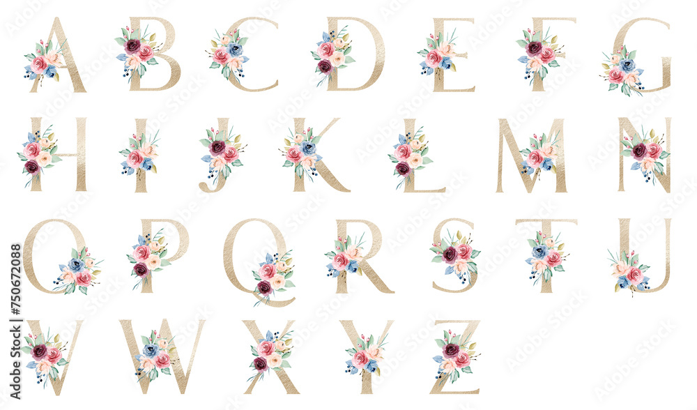 Alphabet, set letters with watercolor flowers and leaf hand painting. Floral monogram initials perfectly for wedding invitation, greeting card, logo, poster and other design.
