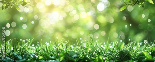 A fresh spring sunny garden background of green grass and blurred foliage bokeh 