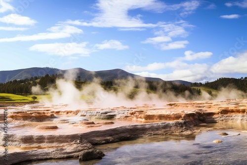 Panorama of a geothermal field with various hot springs and fumaroles