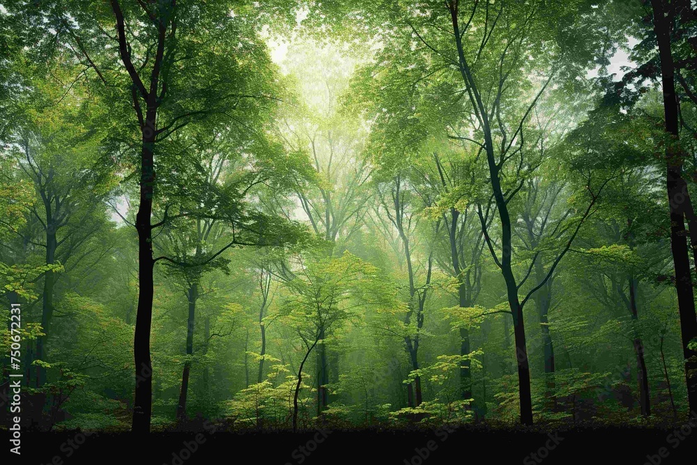 Panoramic shot of a forest, focus on the budding treetops