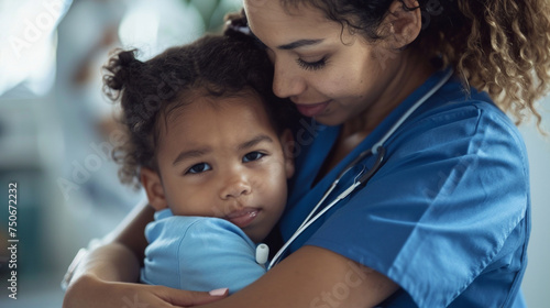 A nurse comforting a frightened child before a medical procedure, showing compassion and empathy to ease their anxiety — caring and love, mercy and kindness, happiness and joy