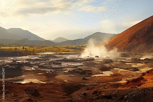 Panoramic view of a volcanic valley with geothermal activity