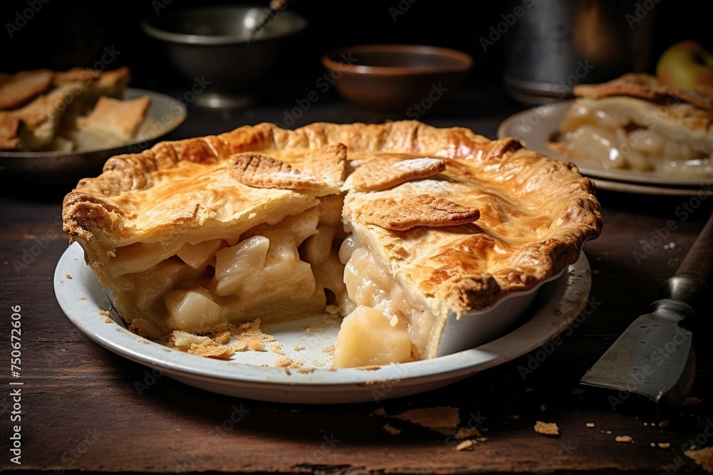 Partially eaten apple pie in a pie dish, showcasing the flaky crust and rich filling Partially eaten apple pie in a pie dish, showcasing the flaky crust and rich filling