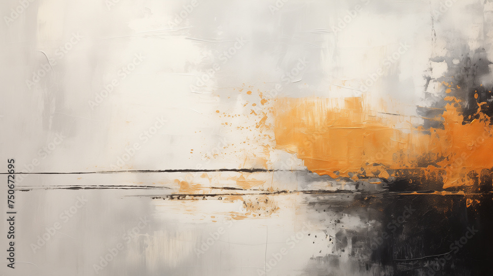 Abstract canvas watercolor painting harmonizes neutral tones with bursts of orange and black accents, creating a captivating visual experience that is both dynamic and balanced.