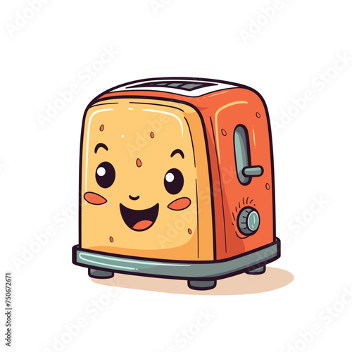 Cute happy toaster character and toasted bread. Vector cartoon illustration