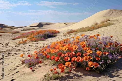 Patches of vibrant wildflowers blossoming among barren sand dunes photo