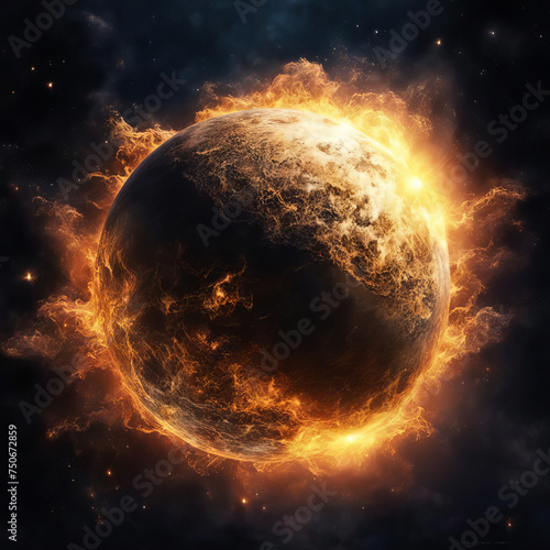 Planet earth is burning with fire, illustration.