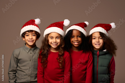 School kids in Christmas hats, isolated against a festive background.